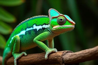 A colorful chameleon on a branch representing exotic pet services